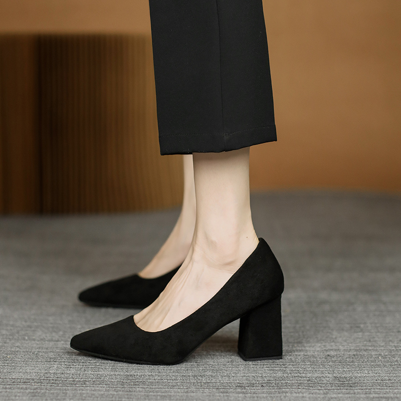 Black High-Heeled Shoes for Women, 5cm Thick Heel, Comfortable Low Heel, Formal Interview and Professional Work Footwear
