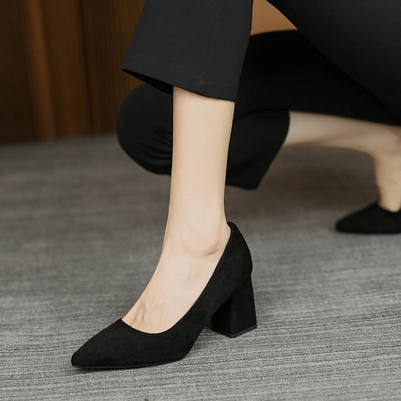 Black High-Heeled Shoes for Women, 5cm Thick Heel, Comfortable Low Heel, Formal Interview and Professional Work Footwear