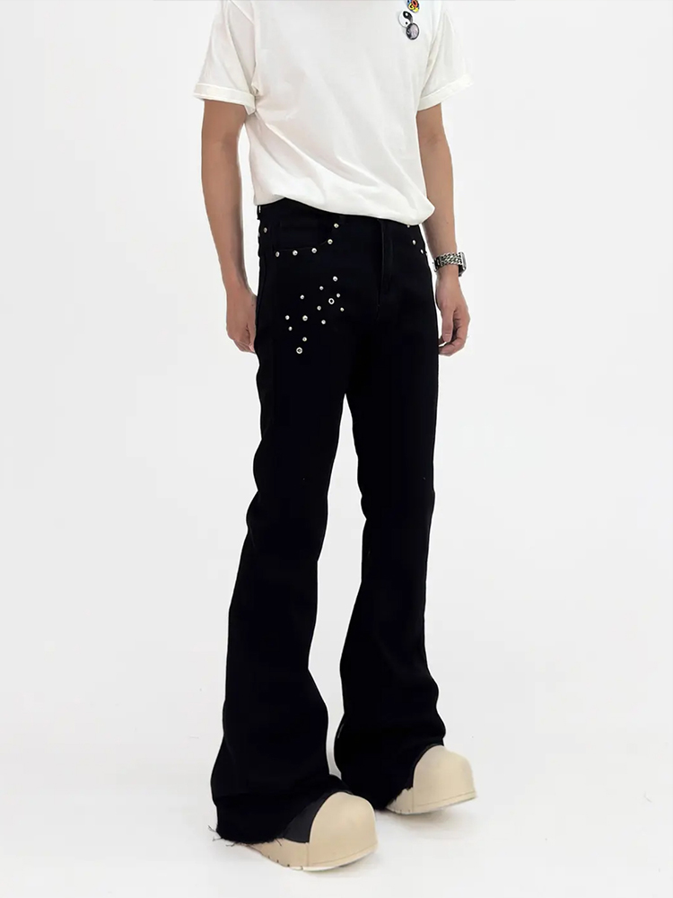 Black High-Waisted Denim Flared Pants for Men - Slim Fit, American Style, Street Vibe, Niche Design