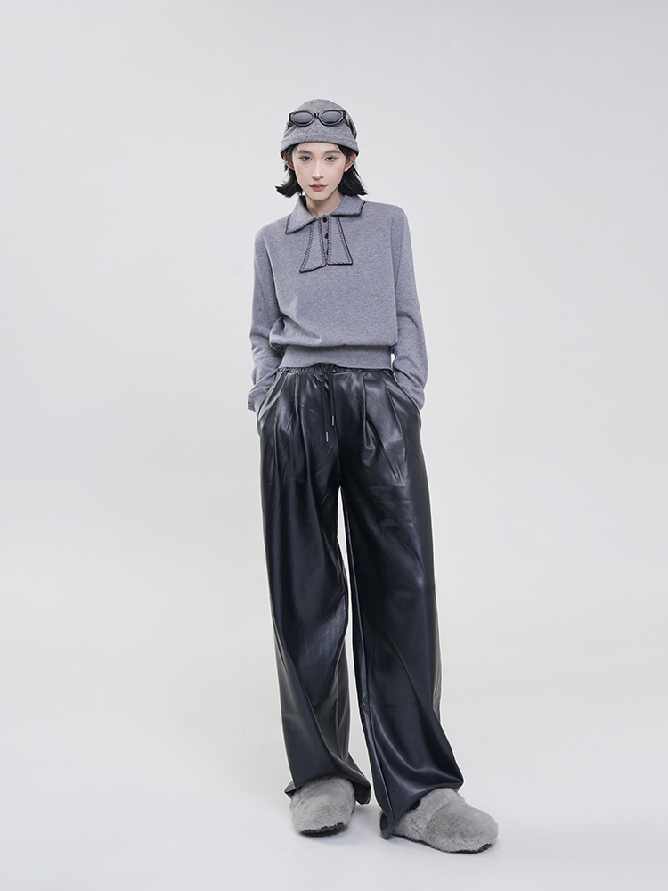Black High-Waisted Wide-Leg Straight Leather Pants for Women - Winter Korean Style Loose Versatile Floor-Length Trousers