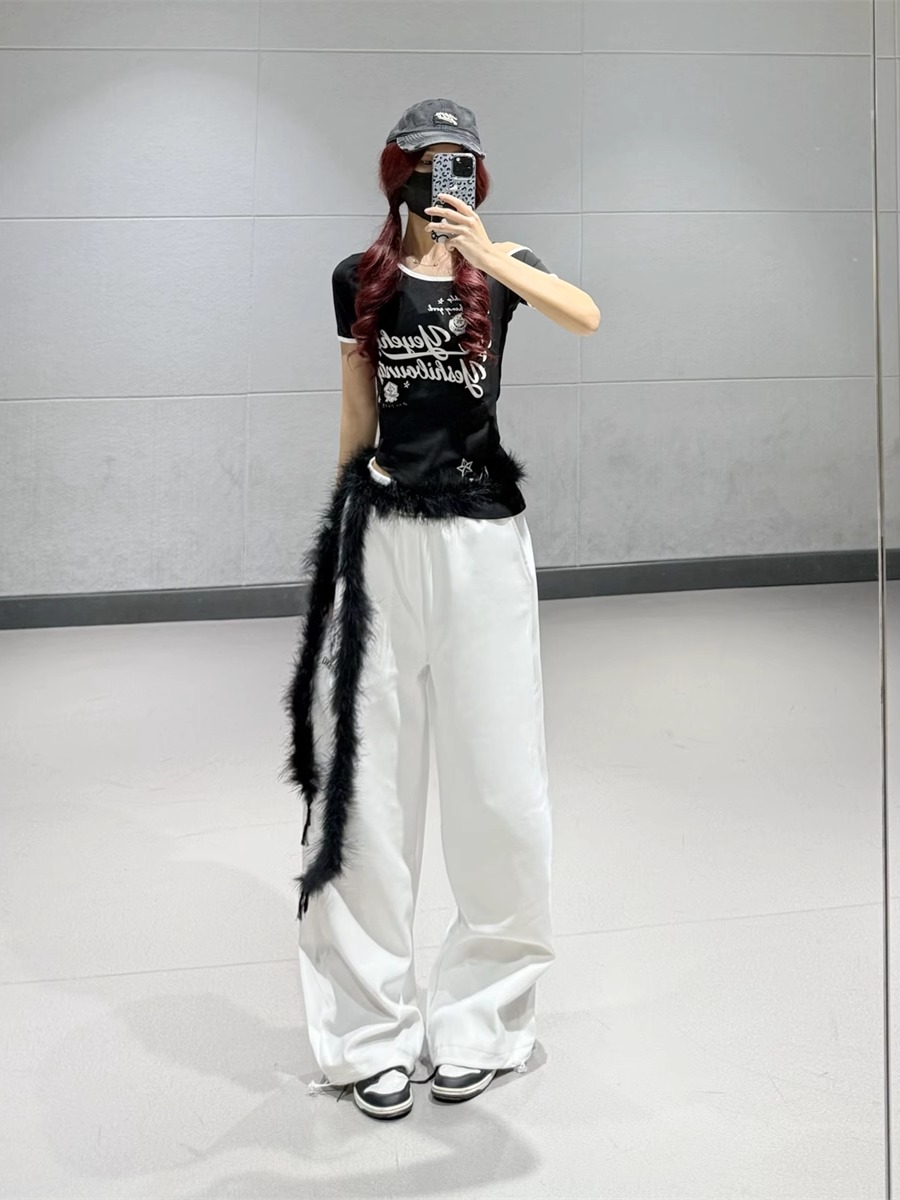 Black Irregular Off-Shoulder Short-Sleeve T-Shirt for Women + White High-Waisted Straight-Leg Sports Pants - Y2K Style Black Irregular Off-Shoulder Short-Sleeve T-Shirt for Women + White High-Waisted Straight-Leg Sports Pants - Y2K Style