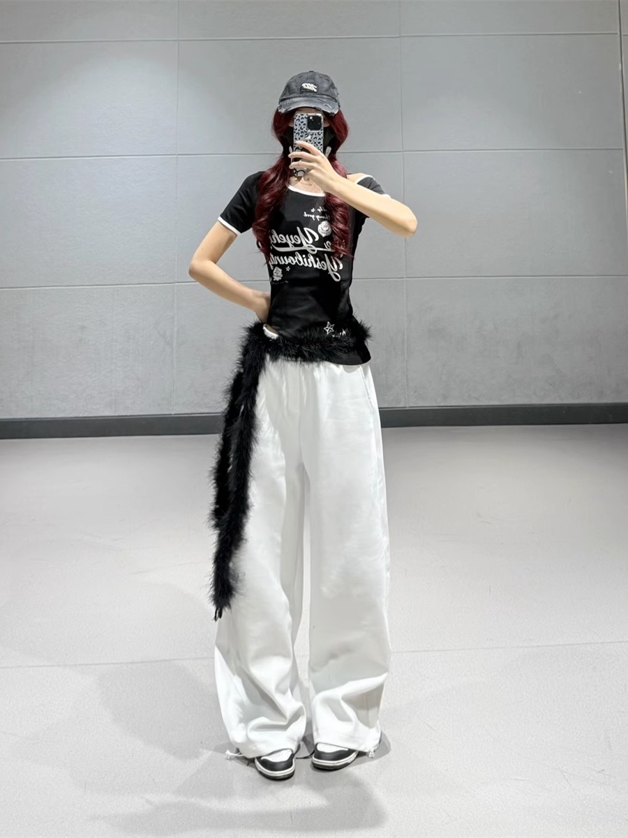 Black Irregular Off-Shoulder Short-Sleeve T-Shirt for Women + White High-Waisted Straight-Leg Sports Pants - Y2K Style