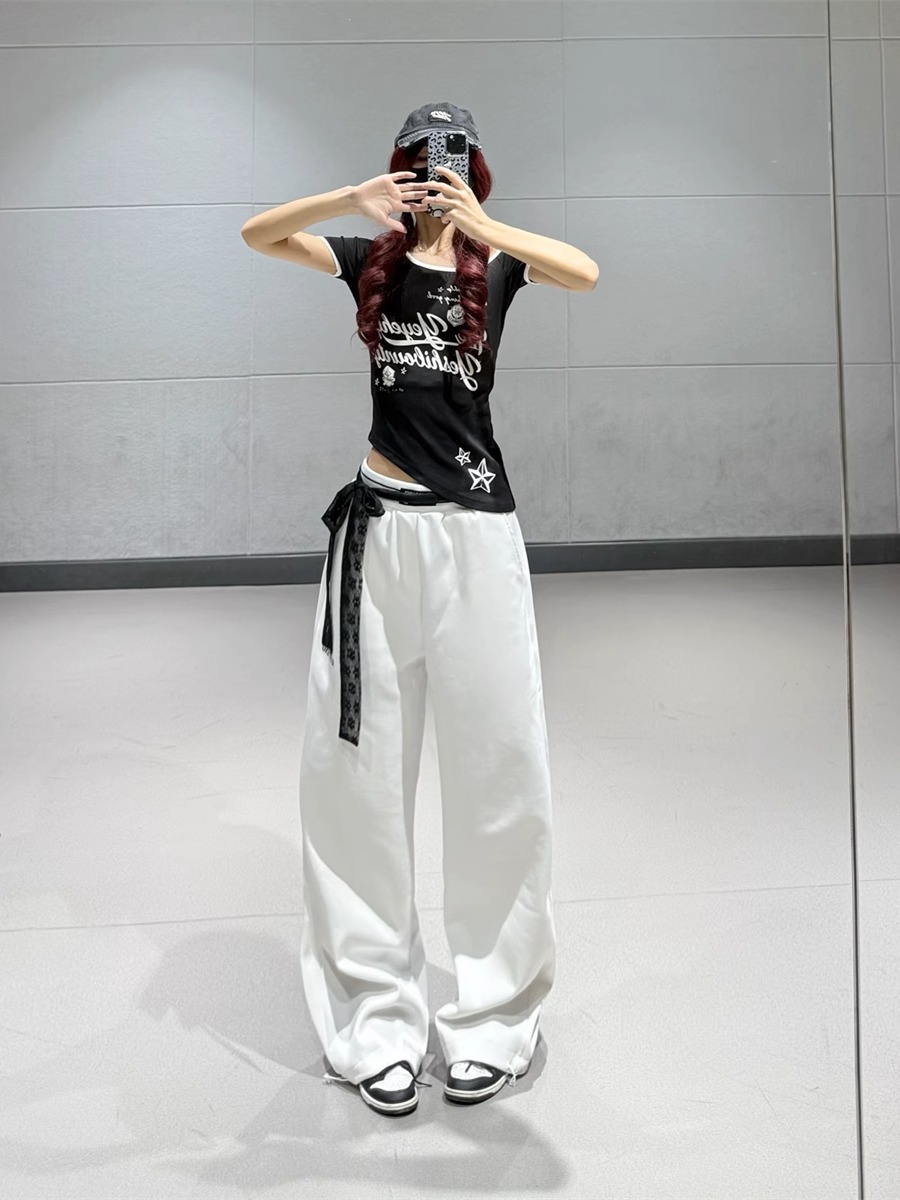 Black Irregular Off-Shoulder Short-Sleeve T-Shirt for Women + White High-Waisted Straight-Leg Sports Pants - Y2K Style Black Irregular Off-Shoulder Short-Sleeve T-Shirt for Women + White High-Waisted Straight-Leg Sports Pants - Y2K Style