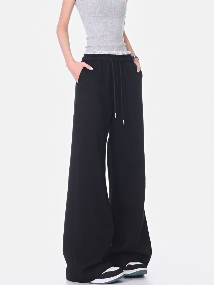 Black Lace Spliced Wide-Leg Casual Pants for Women - Flared Slimming Sweatpants for Spring/Summer Fashion Black Lace Spliced Wide-Leg Casual Pants for Women - Flared Slimming Sweatpants for Spring/Summer Fashion