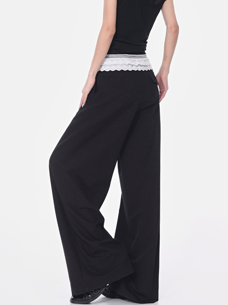 Black Lace Trim Spliced Wide-Leg Suit Pants for Women – Summer Loose Draped Floor-Length Trousers in Trendy Y2K Style Black Lace Trim Spliced Wide-Leg Suit Pants for Women – Summer Loose Draped Floor-Length Trousers in Trendy Y2K Style