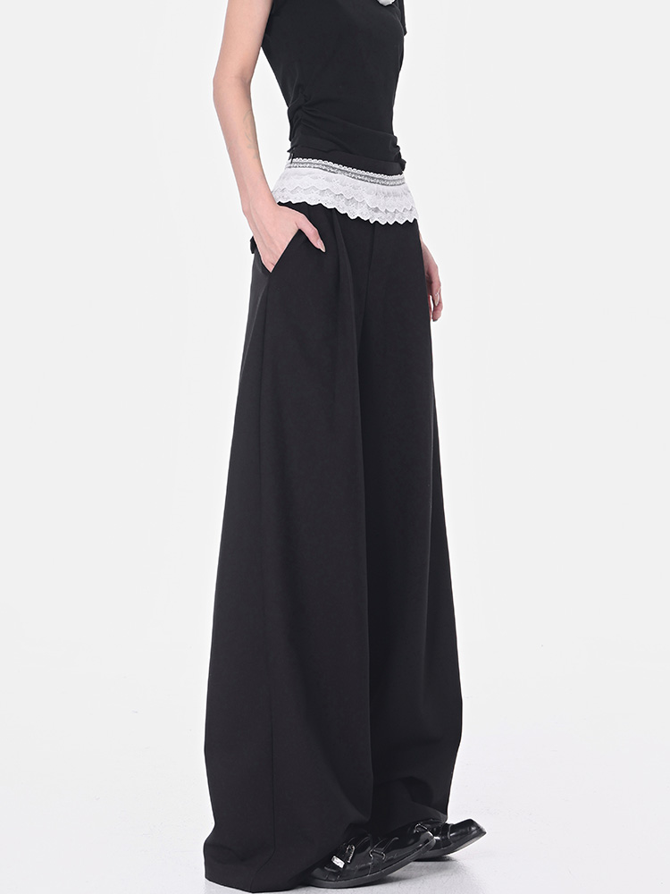 Black Lace Trim Spliced Wide-Leg Suit Pants for Women – Summer Loose Draped Floor-Length Trousers in Trendy Y2K Style