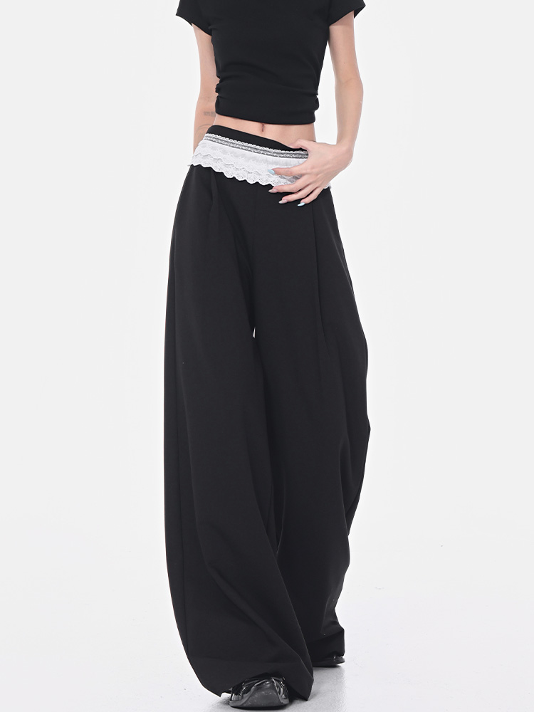 Black Lace Trim Spliced Wide-Leg Suit Pants for Women – Summer Loose Draped Floor-Length Trousers in Trendy Y2K Style Black Lace Trim Spliced Wide-Leg Suit Pants for Women – Summer Loose Draped Floor-Length Trousers in Trendy Y2K Style