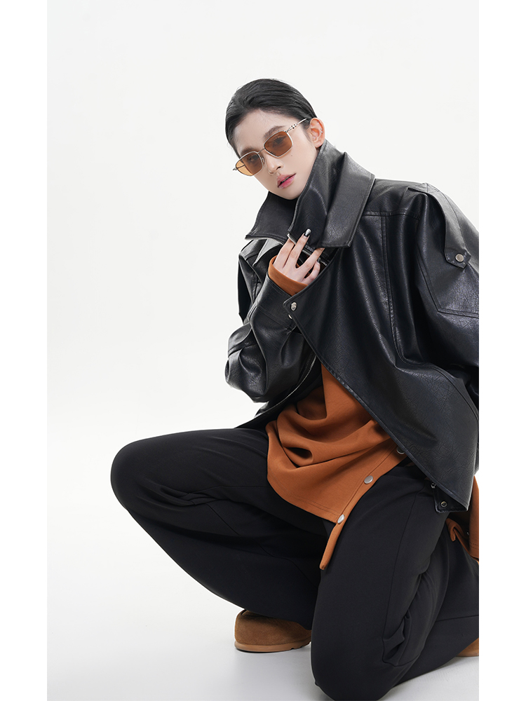 Black Lapel Long Sleeve Leather Jacket for Women - Spring Korean Style High-End Loose Casual Motorcycle Top Black Lapel Long Sleeve Leather Jacket for Women - Spring Korean Style High-End Loose Casual Motorcycle Top