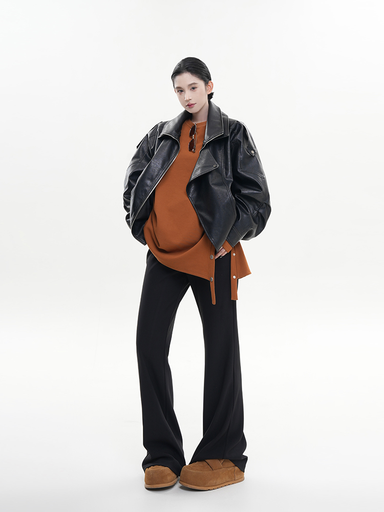 Black Lapel Long Sleeve Leather Jacket for Women - Spring Korean Style High-End Loose Casual Motorcycle Top Black Lapel Long Sleeve Leather Jacket for Women - Spring Korean Style High-End Loose Casual Motorcycle Top