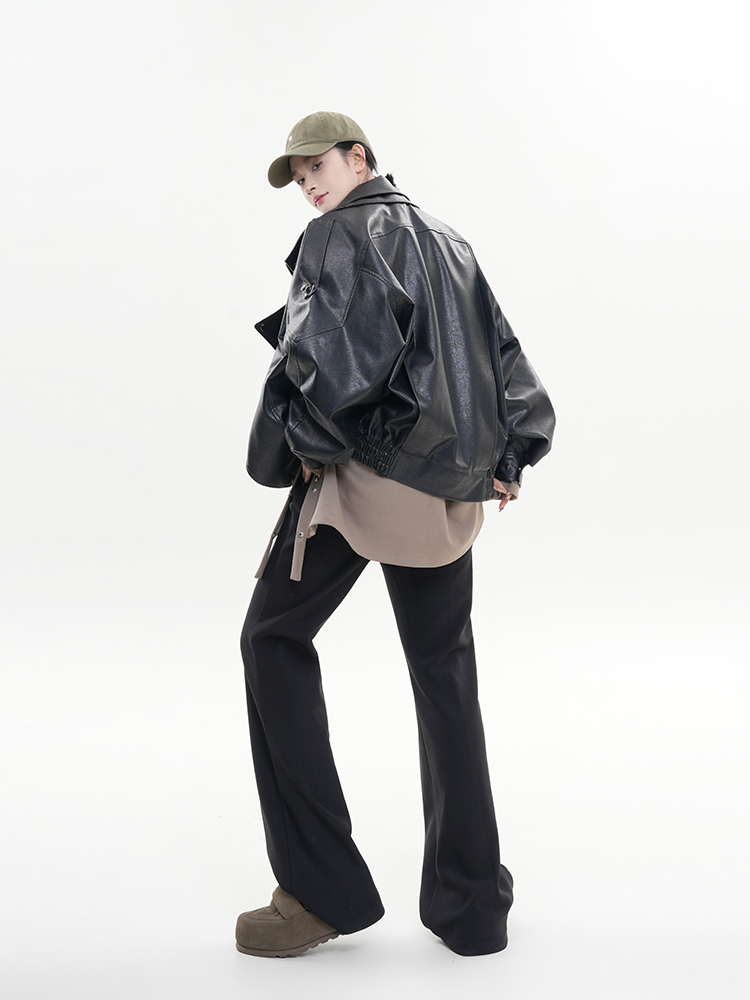 Black Lapel Long Sleeve Leather Jacket for Women - Spring Korean Style High-End Loose Casual Motorcycle Top Black Lapel Long Sleeve Leather Jacket for Women - Spring Korean Style High-End Loose Casual Motorcycle Top