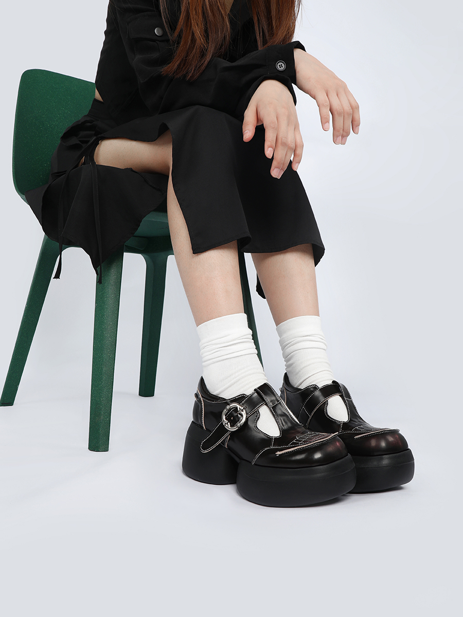 Black Leather Mary Jane Flats for Women - Height-Increasing Thick-Soled Sporty Versatile Design for Sweet Cool Style