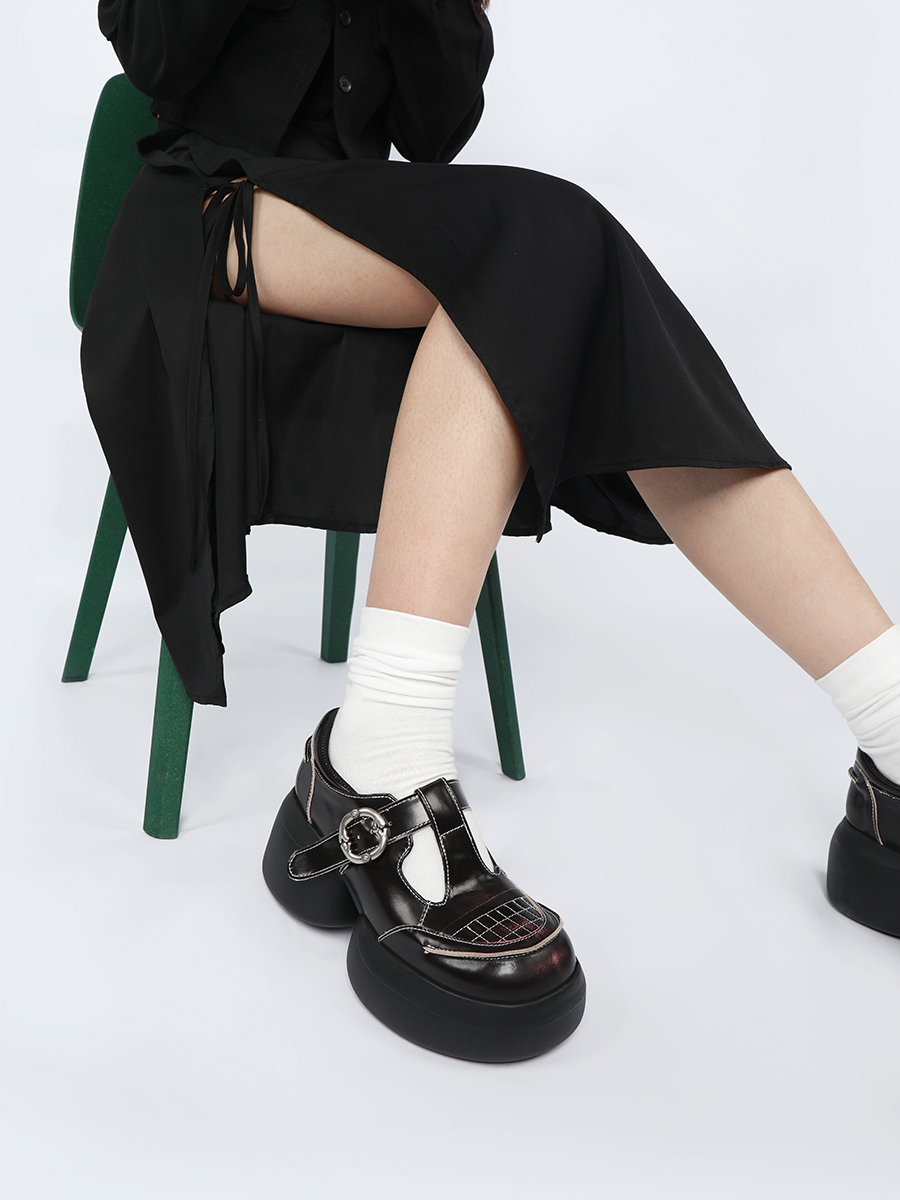 Black Leather Mary Jane Flats for Women - Height-Increasing Thick-Soled Sporty Versatile Design for Sweet Cool Style