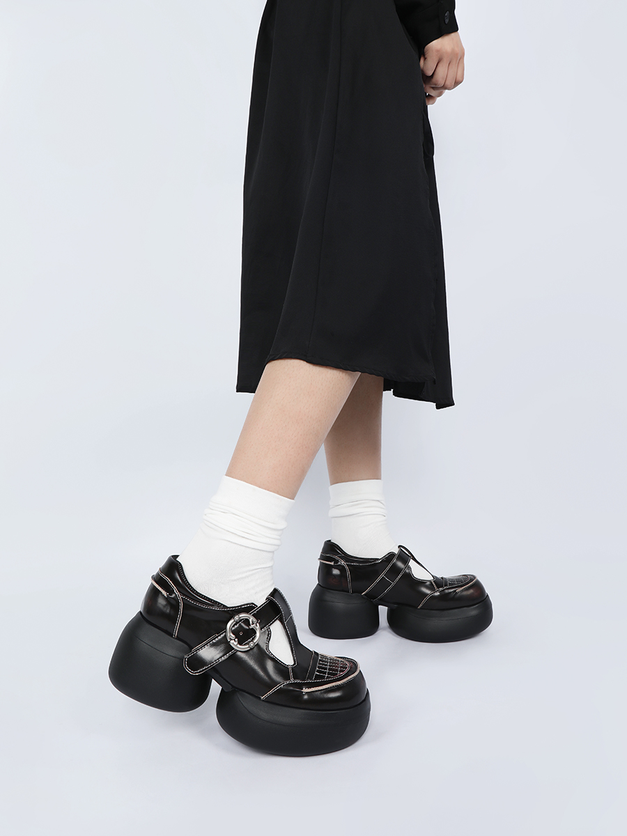 Black Leather Mary Jane Flats for Women - Height-Increasing Thick-Soled Sporty Versatile Design for Sweet Cool Style Black Leather Mary Jane Flats for Women - Height-Increasing Thick-Soled Sporty Versatile Design for Sweet Cool Style