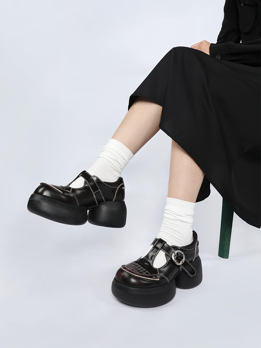 Black Leather Mary Jane Flats for Women - Height-Increasing Thick-Soled Sporty Versatile Design for Sweet Cool Style Black Leather Mary Jane Flats for Women - Height-Increasing Thick-Soled Sporty Versatile Design for Sweet Cool Style