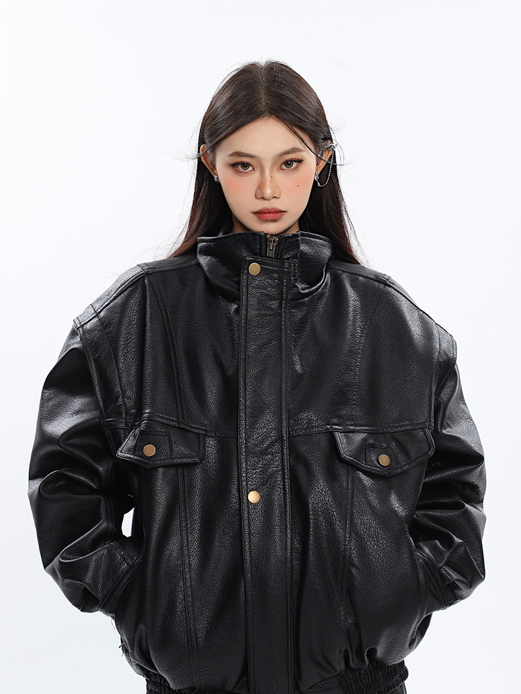 Black Leather Motorcycle Jacket for Women - High-End Spring Design, Niche Style, Trendy Biker Coat