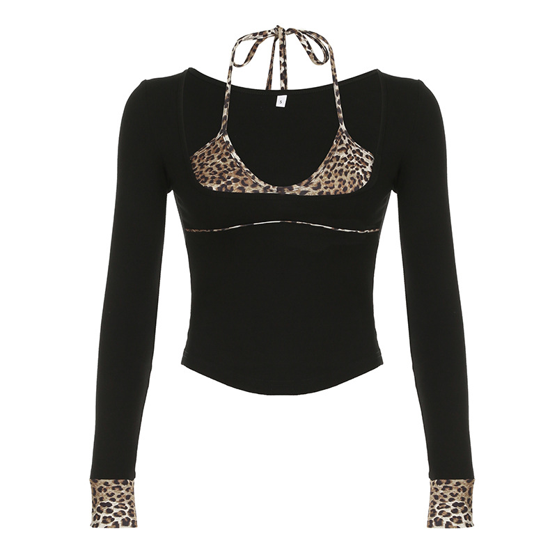 Black Leopard Print Spliced Long Sleeve Short Top and Thin Work Pants Jazz Dance Outfit for Women, Y2K Style