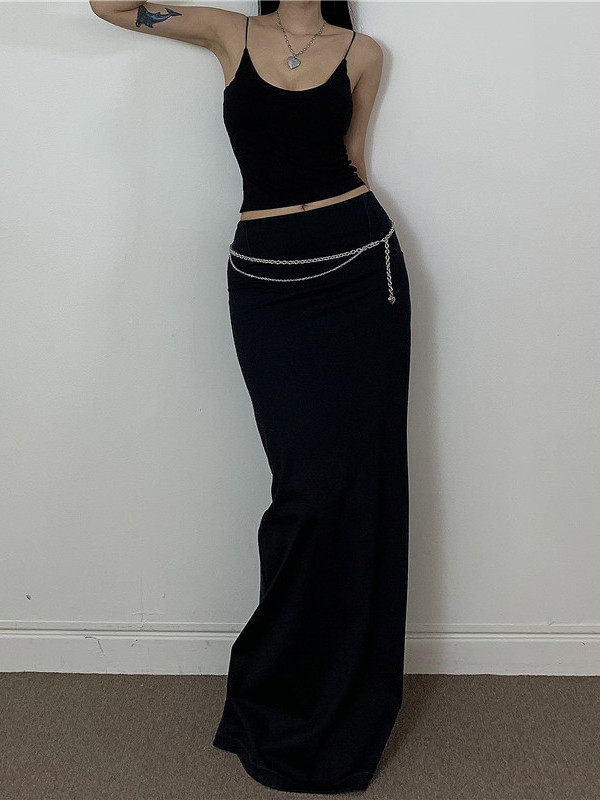 Black Low-Waist Draped Knitted Bodycon Skirt - Retro Spicy Girl Design, Sexy Split Detail, Versatile Fashion for 90s Y2K Style