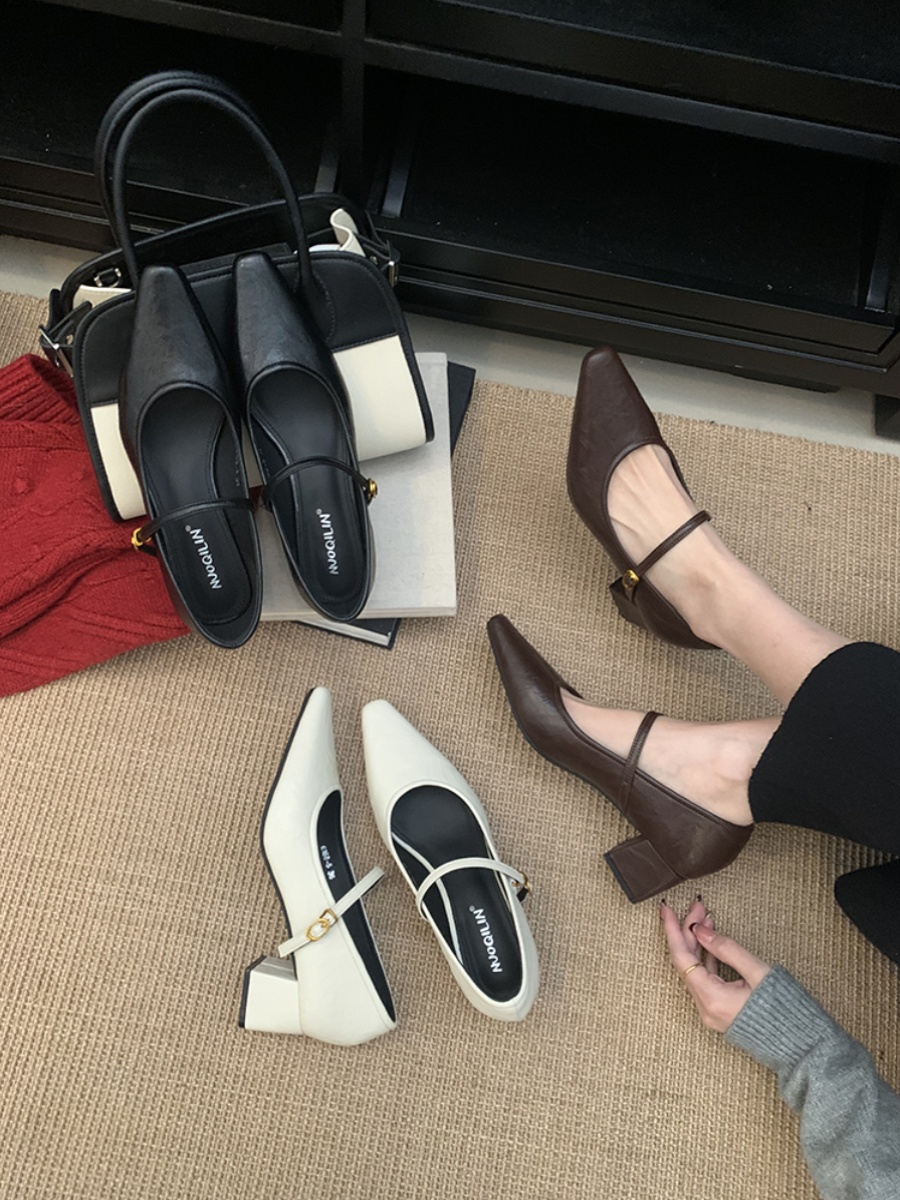 Black Mary Jane High-Heeled Chunky Shoes for Women - 2025 Spring French Style, Versatile Retro One-Strap Flats