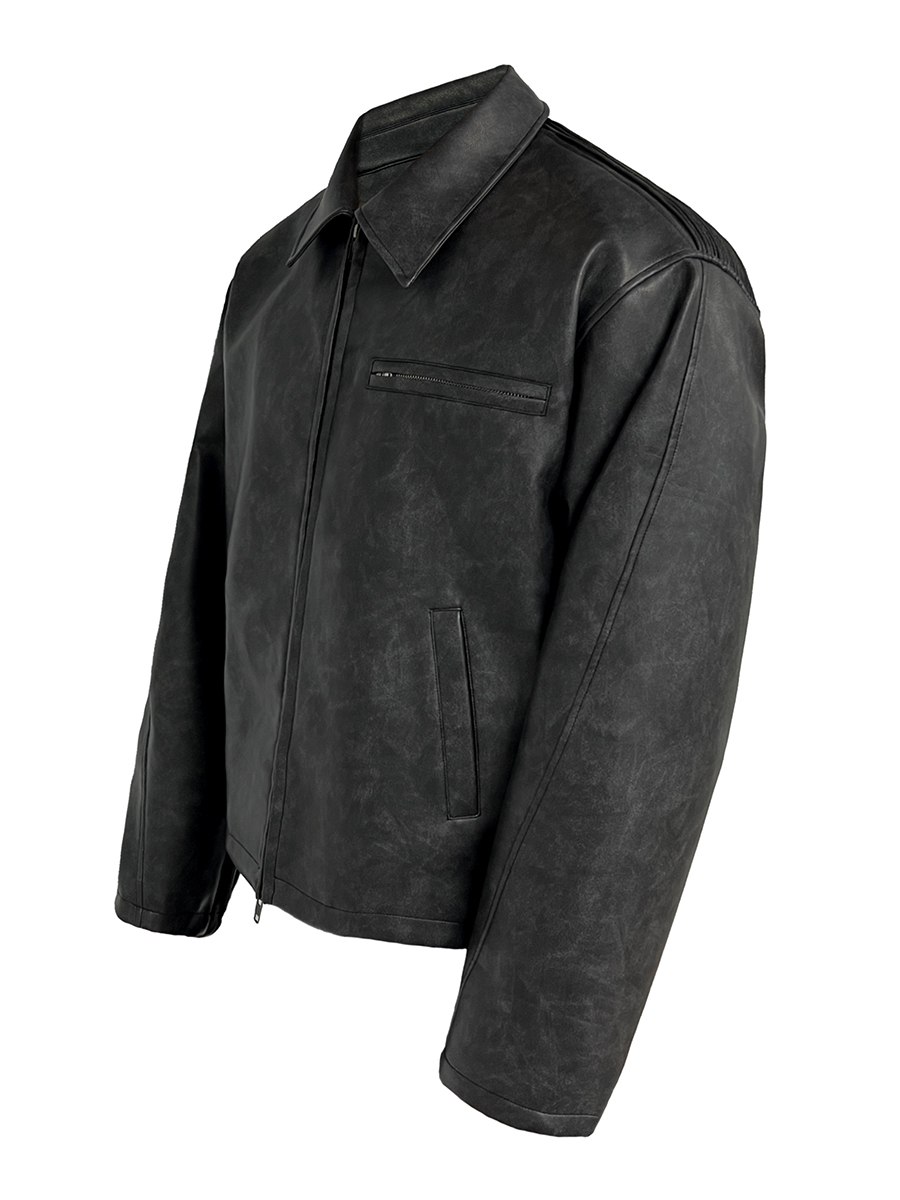 Black Mist Leather Jacket with Distressed Wood Grain Texture and YKK Zipper – Trendy 90s Inspired Outerwear for Edgy Style Black Mist Leather Jacket with Distressed Wood Grain Texture and YKK Zipper – Trendy 90s Inspired Outerwear for Edgy Style