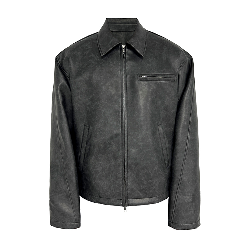 Black Mist Leather Jacket with Distressed Wood Grain Texture and YKK Zipper â€“ Trendy 90s Inspired Outerwear for Edgy Style