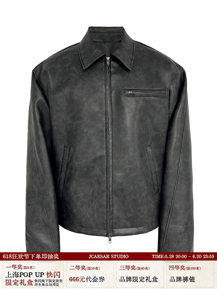 Black Mist Leather Jacket with Distressed Wood Grain Texture and YKK Zipper â€“ Trendy 90s Inspired Outerwear for Edgy Style