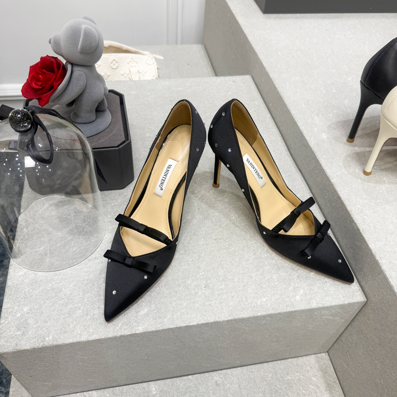 Black Pointed Toe Stiletto Heels with Rhinestone Bow â€“ Elegant Party Shoes for Special Occasions