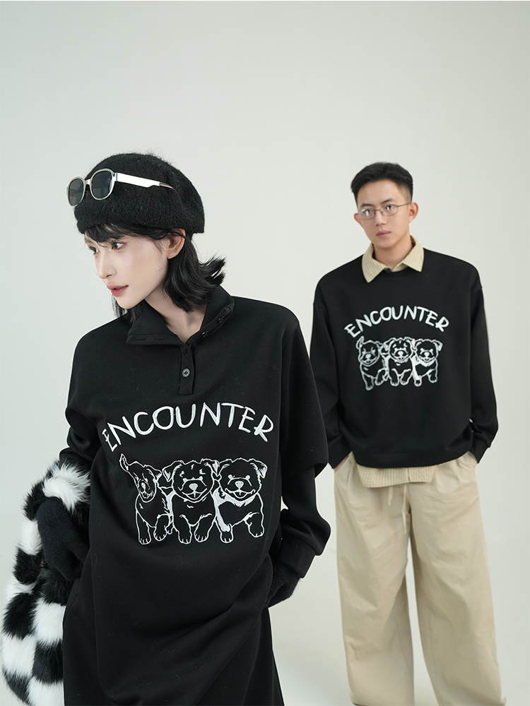 Black Printed Lapel Long Sleeve Fleece Sweatshirt Dress for Women - Autumn Winter Korean Style Loose Over-the-Knee Dress