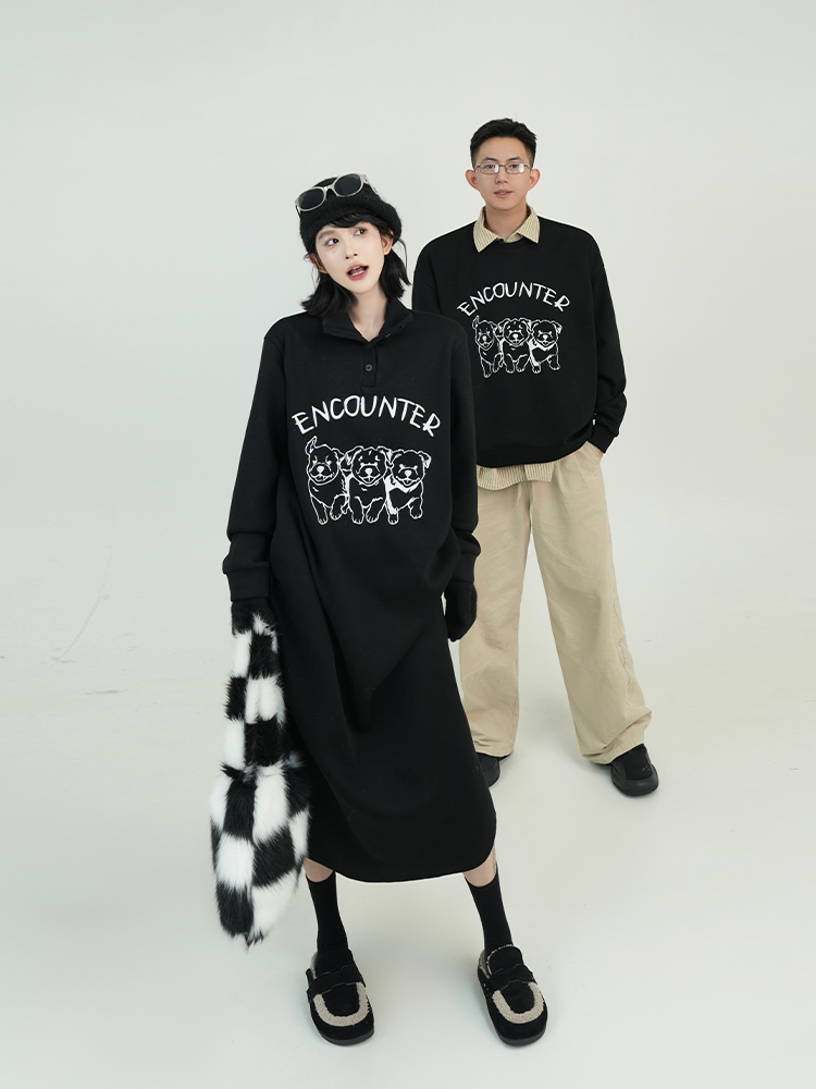 Black Printed Lapel Long Sleeve Fleece Sweatshirt Dress for Women - Autumn Winter Korean Style Loose Over-the-Knee Dress Black Printed Lapel Long Sleeve Fleece Sweatshirt Dress for Women - Autumn Winter Korean Style Loose Over-the-Knee Dress