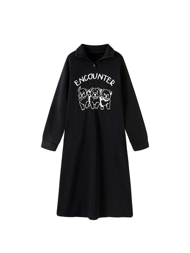 Black Printed Lapel Long Sleeve Fleece Sweatshirt Dress for Women - Autumn Winter Korean Style Loose Over-the-Knee Dress Black Printed Lapel Long Sleeve Fleece Sweatshirt Dress for Women - Autumn Winter Korean Style Loose Over-the-Knee Dress