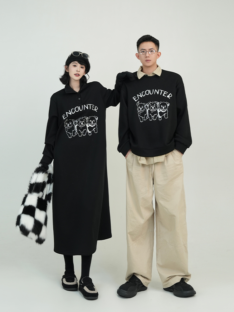 Black Printed Lapel Long Sleeve Fleece Sweatshirt Dress for Women - Autumn Winter Korean Style Loose Over-the-Knee Dress Black Printed Lapel Long Sleeve Fleece Sweatshirt Dress for Women - Autumn Winter Korean Style Loose Over-the-Knee Dress