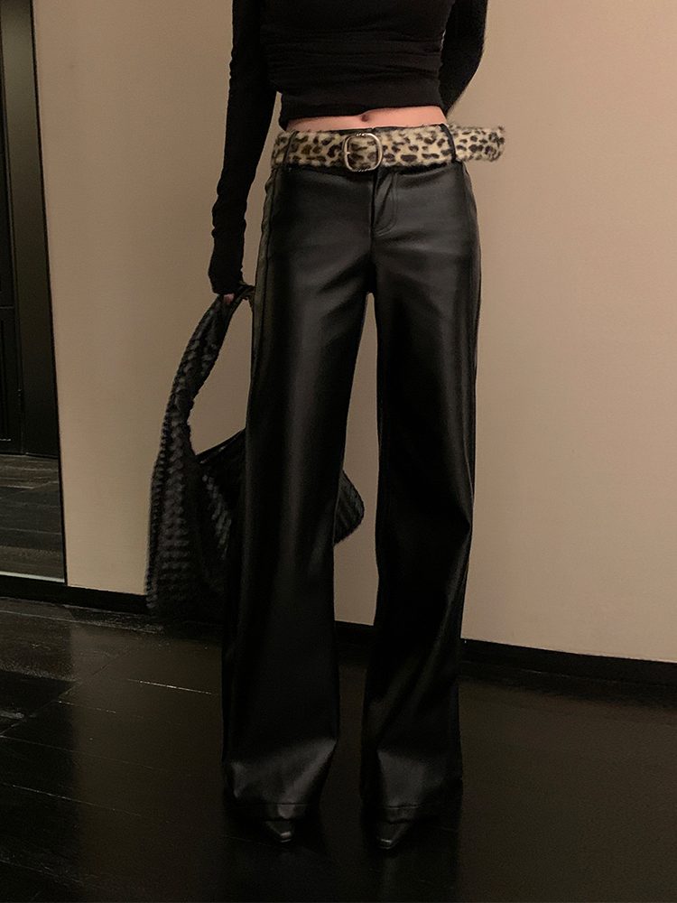 Black PU Leather Straight-Leg Pants for Women - Slimming Casual Style for Autumn Winter, Versatile High-End Look Black PU Leather Straight-Leg Pants for Women - Slimming Casual Style for Autumn Winter, Versatile High-End Look