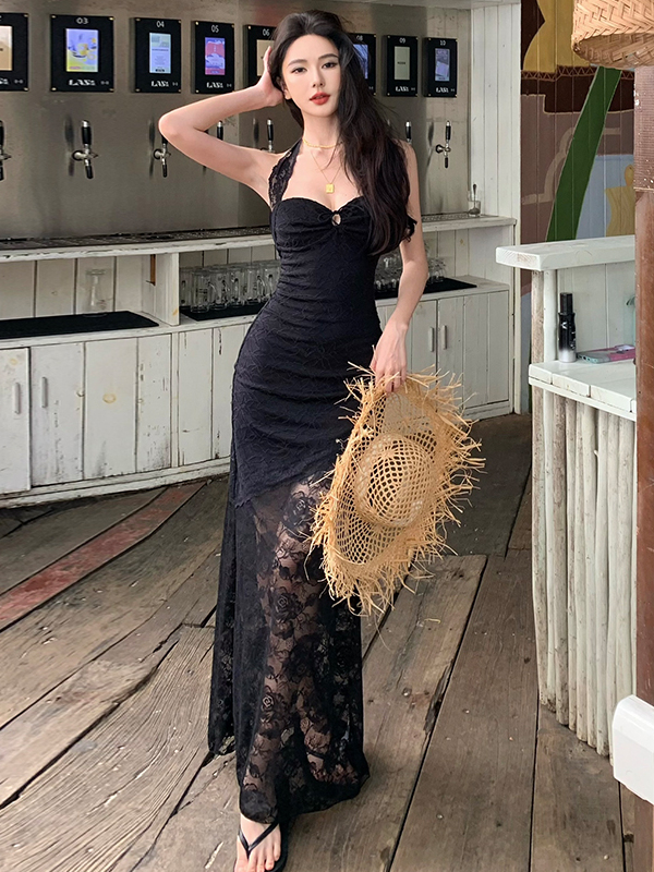 Black Rose Lace Bodycon Dress for Women - Spaghetti Strap High-End Gown for Beach Vacation, Elegant 90s Style