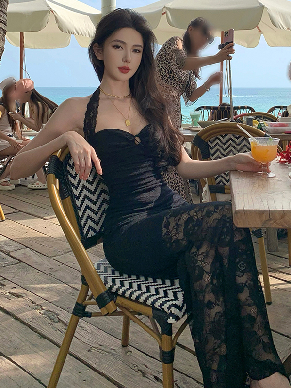Black Rose Lace Bodycon Dress for Women - Spaghetti Strap High-End Gown for Beach Vacation, Elegant 90s Style Black Rose Lace Bodycon Dress for Women - Spaghetti Strap High-End Gown for Beach Vacation, Elegant 90s Style