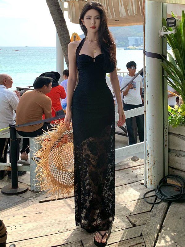 Black Rose Lace Bodycon Dress for Women - Spaghetti Strap High-End Gown for Beach Vacation, Elegant 90s Style Black Rose Lace Bodycon Dress for Women - Spaghetti Strap High-End Gown for Beach Vacation, Elegant 90s Style