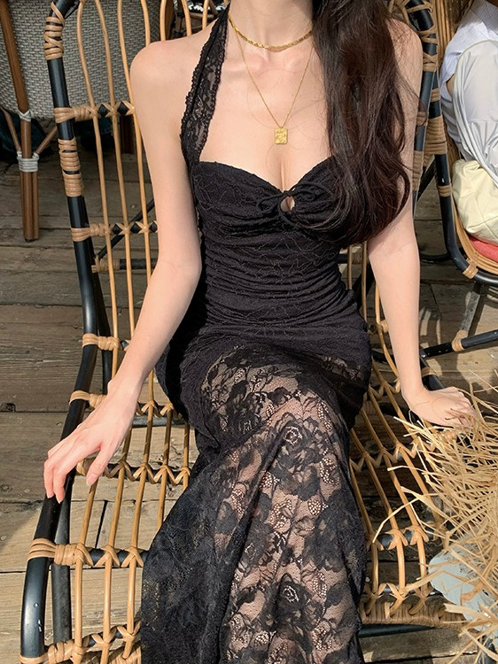 Black Rose Lace Bodycon Dress for Women - Spaghetti Strap High-End Gown for Beach Vacation, Elegant 90s Style Black Rose Lace Bodycon Dress for Women - Spaghetti Strap High-End Gown for Beach Vacation, Elegant 90s Style