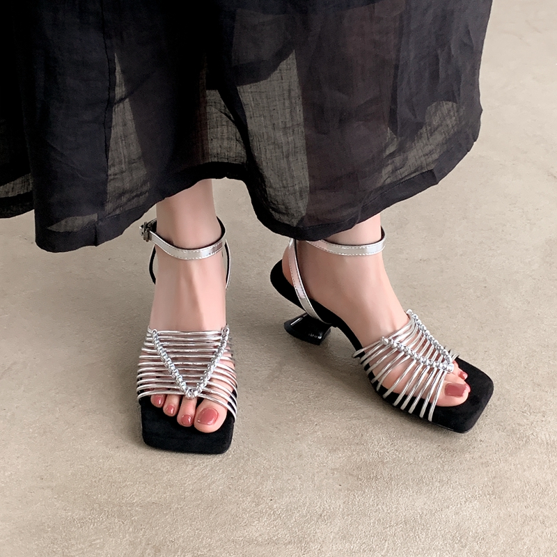Black Silver Woven Roman Sandals for Women - Soft Bottom High Heels for Beach Vacation, Comfortable Summer Footwear Black Silver Woven Roman Sandals for Women - Soft Bottom High Heels for Beach Vacation, Comfortable Summer Footwear