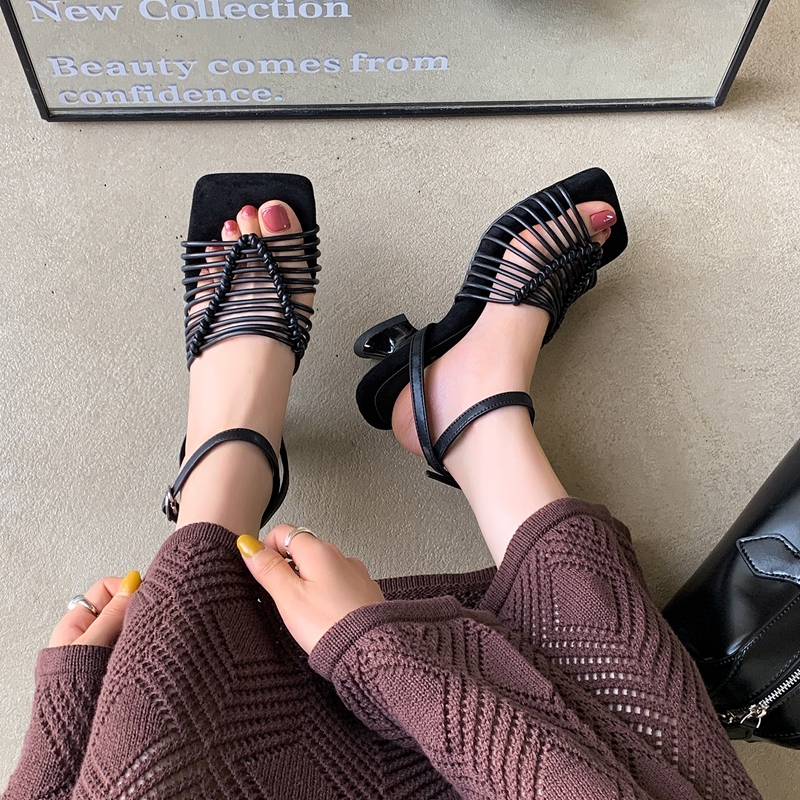 Black Silver Woven Roman Sandals for Women - Soft Bottom High Heels for Beach Vacation, Comfortable Summer Footwear