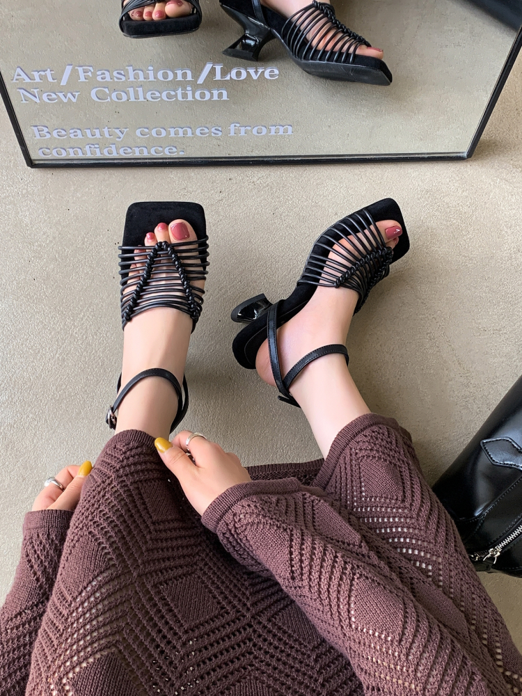 Black Silver Woven Roman Sandals for Women - Soft Bottom High Heels for Beach Vacation, Comfortable Summer Footwear