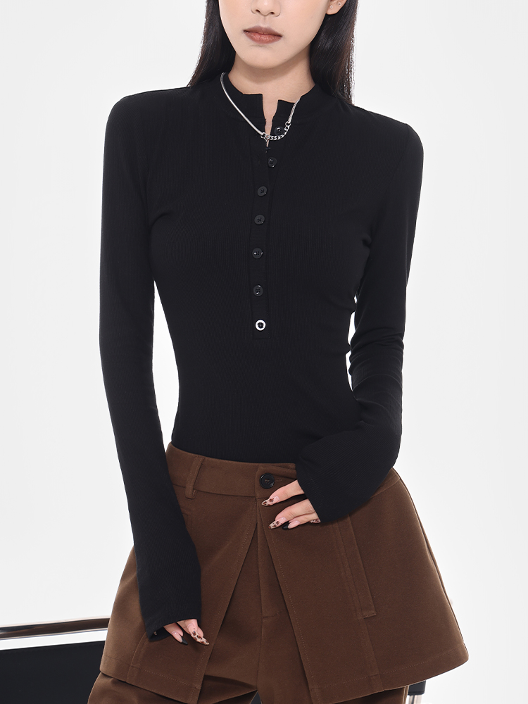 Black Slim Fit Long Sleeve T-Shirt for Women with Half Open Collar and Straight Shoulders – 2025 Early Spring Fashion Essential