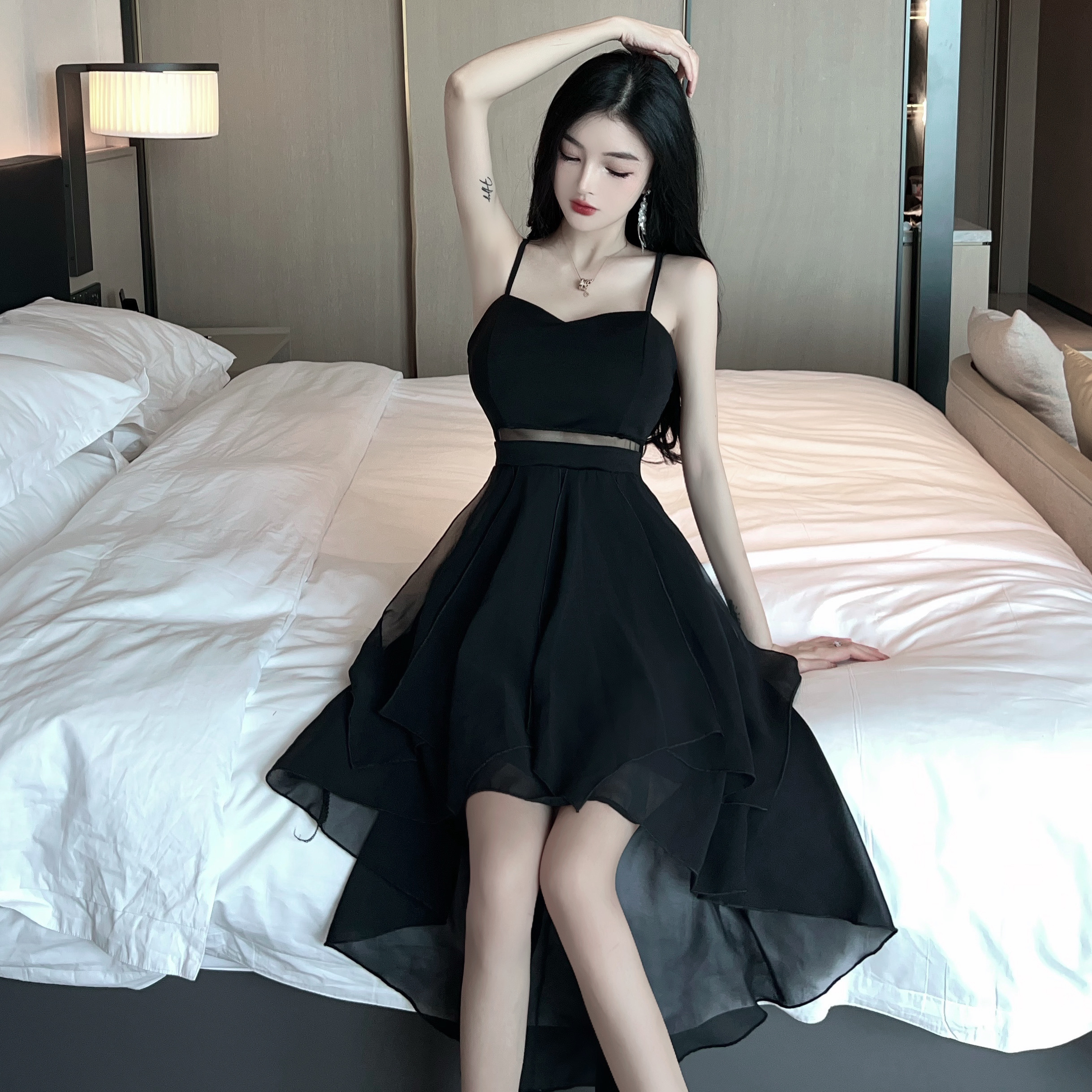 Black Spaghetti Strap Dress for Women - Sexy Summer Nightclub Style, Waist-Cinching Design, High-End Feel