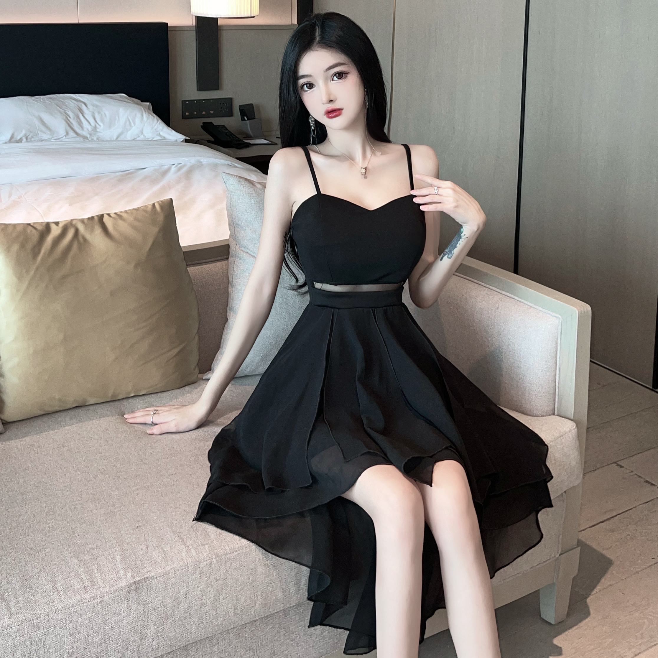 Black Spaghetti Strap Dress for Women - Sexy Summer Nightclub Style, Waist-Cinching Design, High-End Feel Black Spaghetti Strap Dress for Women - Sexy Summer Nightclub Style, Waist-Cinching Design, High-End Feel