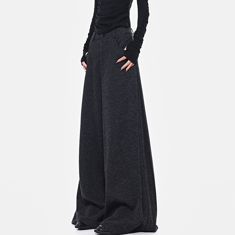 Black Thick Woolen Wide-Leg Suit Pants for Women - Autumn/Winter Floor-Length Trousers, Chic Fashion Essential Black Thick Woolen Wide-Leg Suit Pants for Women - Autumn/Winter Floor-Length Trousers, Chic Fashion Essential