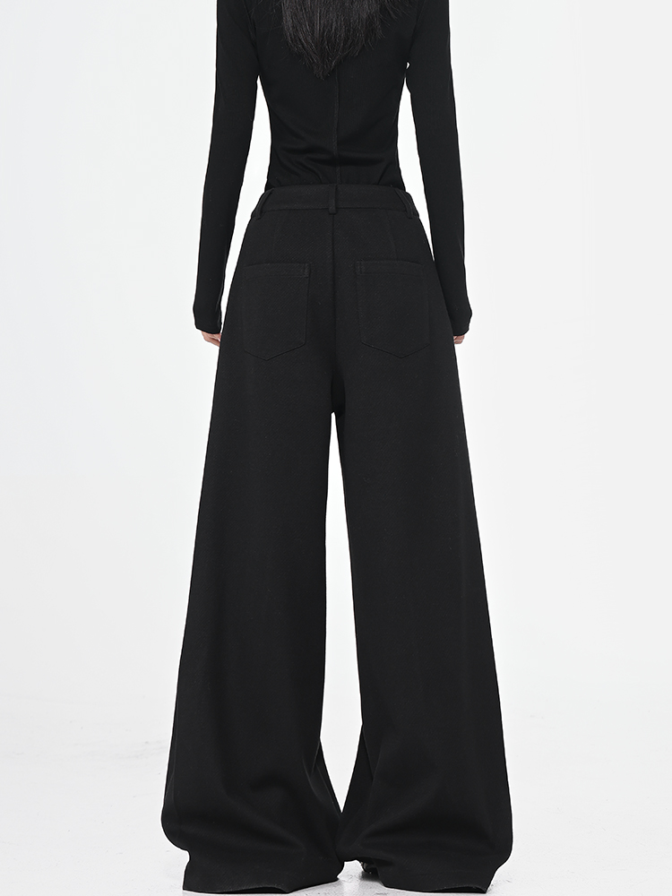 Black Thick Woolen Wide-Leg Suit Pants for Women - Autumn/Winter Floor-Length Trousers, Chic Fashion Essential Black Thick Woolen Wide-Leg Suit Pants for Women - Autumn/Winter Floor-Length Trousers, Chic Fashion Essential
