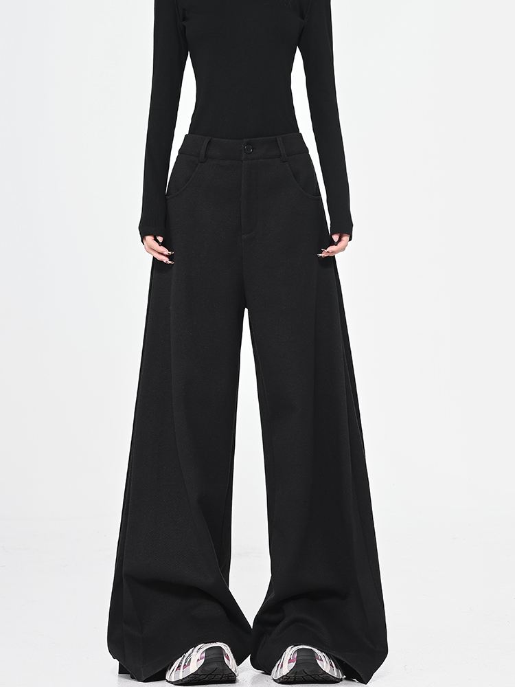 Black Thick Woolen Wide-Leg Suit Pants for Women - Autumn/Winter Floor-Length Trousers, Chic Fashion Essential Black Thick Woolen Wide-Leg Suit Pants for Women - Autumn/Winter Floor-Length Trousers, Chic Fashion Essential