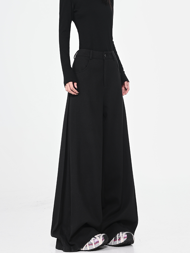 Black Thick Woolen Wide-Leg Suit Pants for Women - Autumn/Winter Floor-Length Trousers, Chic Fashion Essential Black Thick Woolen Wide-Leg Suit Pants for Women - Autumn/Winter Floor-Length Trousers, Chic Fashion Essential