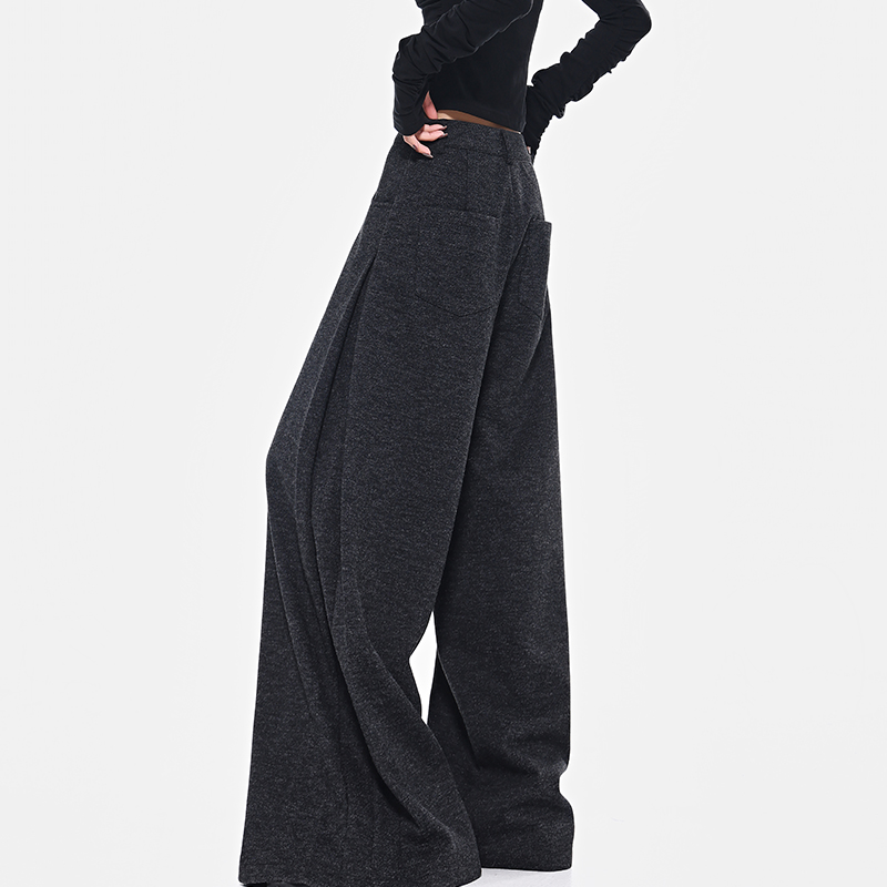 Black Thick Woolen Wide-Leg Suit Pants for Women - Autumn/Winter Floor-Length Trousers, Chic Fashion Essential Black Thick Woolen Wide-Leg Suit Pants for Women - Autumn/Winter Floor-Length Trousers, Chic Fashion Essential