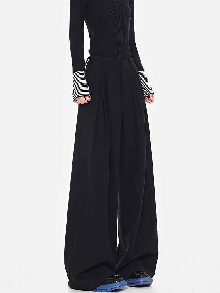 Black Thickened Woolen Wide-Leg Suit Pants for Women, Loose Slimming Fit, New Winter Style, Floor-Length, Trendy Fashion Essential Black Thickened Woolen Wide-Leg Suit Pants for Women, Loose Slimming Fit, New Winter Style, Floor-Length, Trendy Fashion Essential