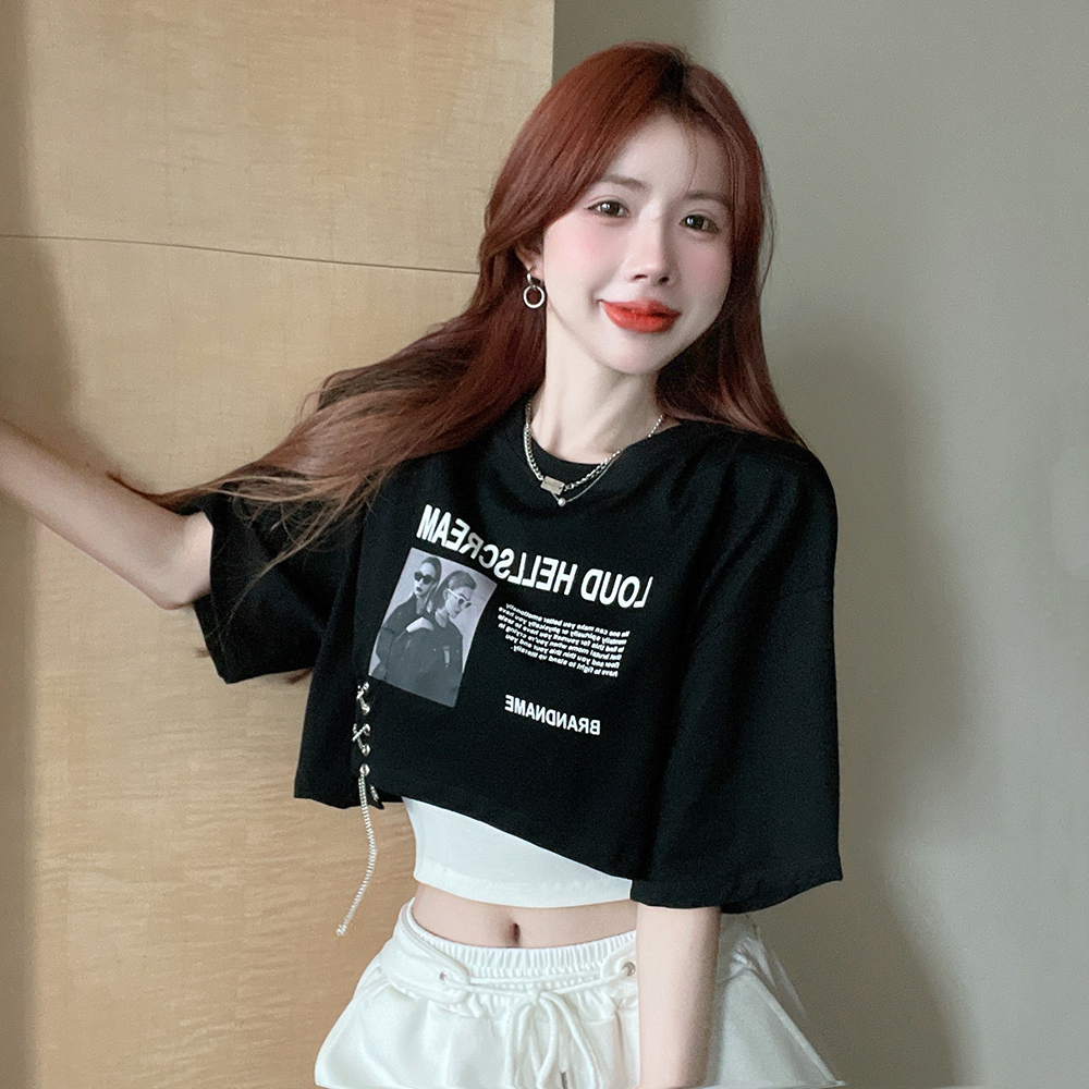 Black Two-Piece Short T-Shirt Set for Women, Sexy Jazz Top for K-Pop Dance Performance, Trendy Festival Outfit