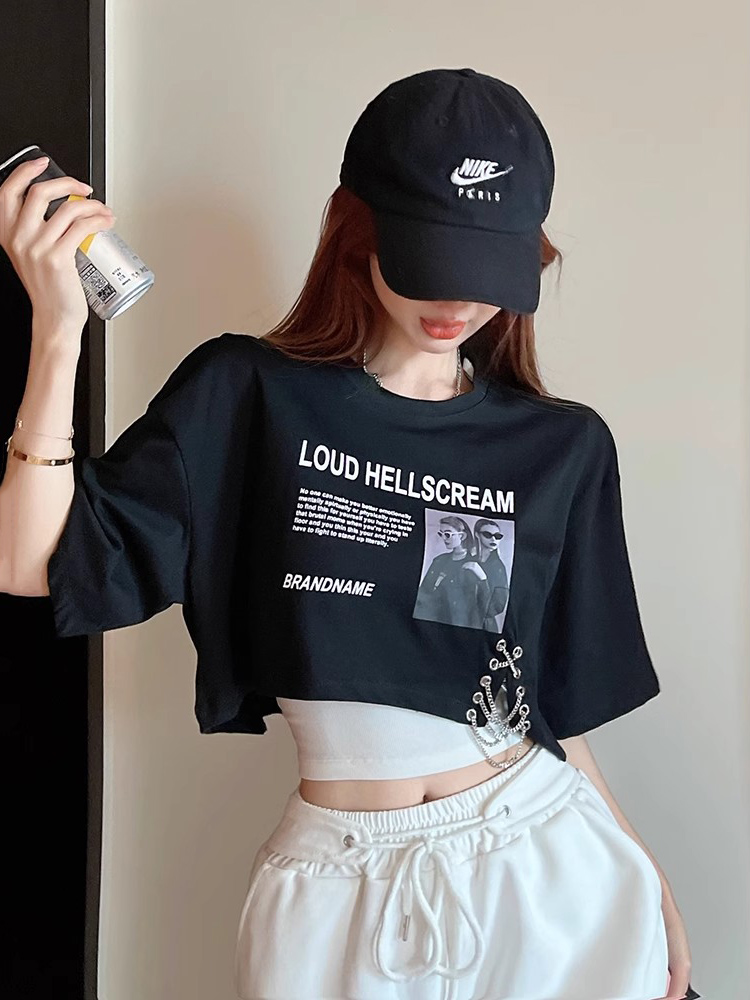 Black Two-Piece Short T-Shirt Set for Women, Sexy Jazz Top for K-Pop Dance Performance, Trendy Festival Outfit