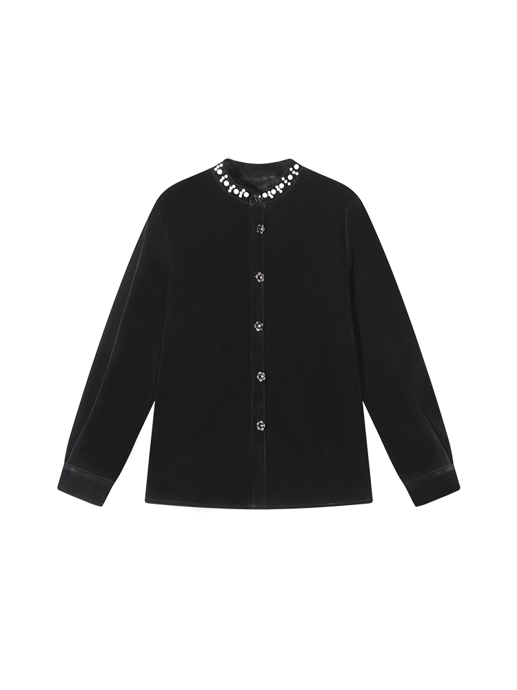 Black Velvet Round Neck Fleece Coat for Women - Korean Style High-End Loose Long Sleeve Winter Top